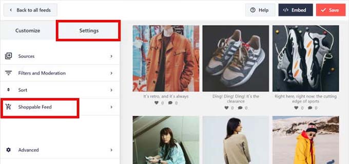 左側の列にある「ショッピング可能なフィード」タブをクリックします 左側の列にある「ショッピング可能なフィード」タブをクリックします