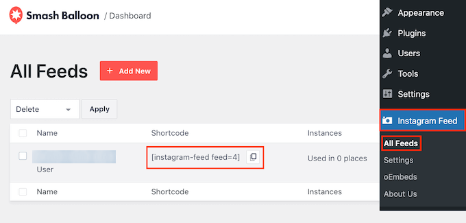 Instagramフィードのショートコードをコピーする Instagramフィードのショートコードをコピーする