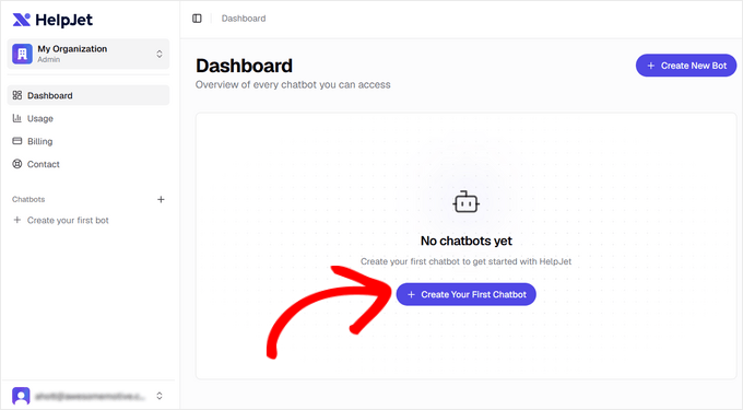 Click 'Create Your First Chatbot' button in the HelpJet dashboard