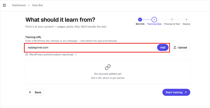 Enter training URL in HelpJet and click the Add button