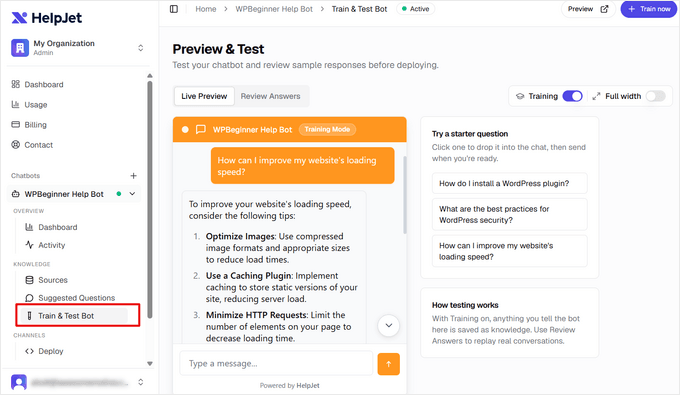 Continue testing and training your chatbot
