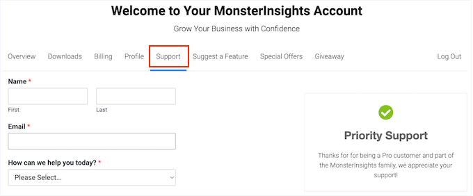Submitting a ticket in the MonsterInsights' support portal Submitting a ticket in the MonsterInsights' support portal