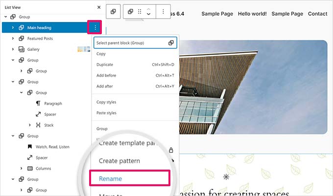Renomear um bloco de grupo