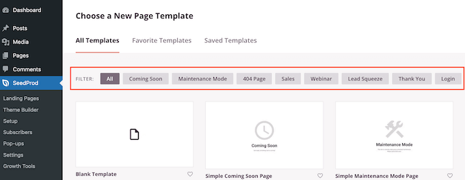 SeedProd's template categories SeedProd's template categories