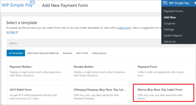 Seleziona il modello di modulo Klarna