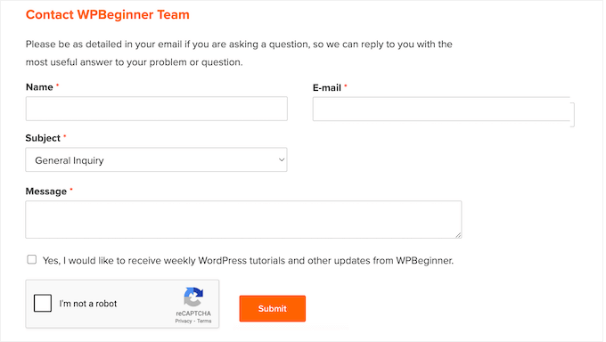 The WPBeginner contact form