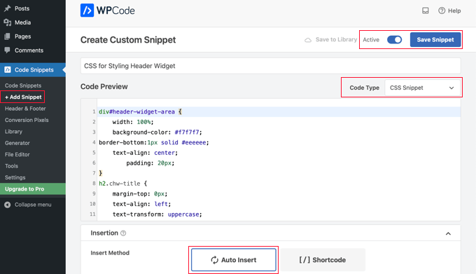 CSS Code Snippet in WPCode CSS Code Snippet in WPCode
