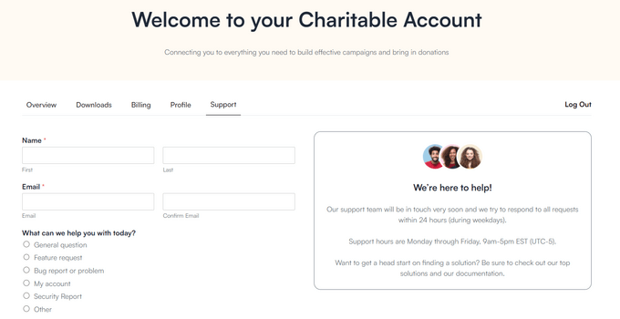 The WP Charitable customer support form The WP Charitable customer support form