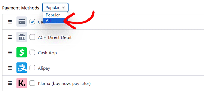 Choose the All option from the payment method dropdown menu Choose the All option from the payment method dropdown menu