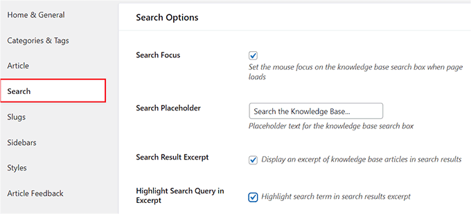 Configure the search options for the documentation Configure the search options for the documentation