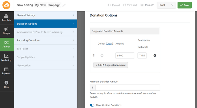 Configuring donation options settings Configuring donation options settings