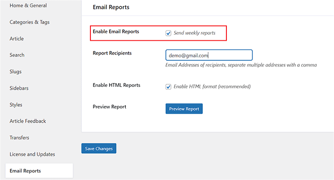 Enable email reports Enable email reports