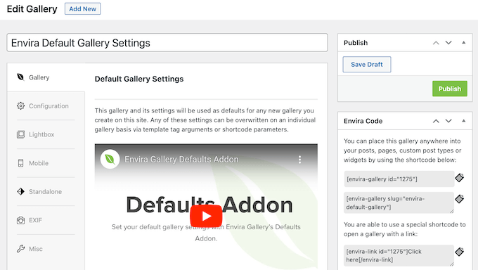 Ändra standardinställningarna för Envira Gallery