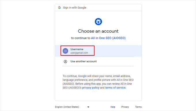 Choosing a Google account to connect Google Search Console with AIOSEO Choosing a Google account to connect Google Search Console with AIOSEO