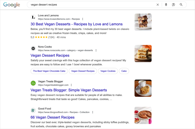 Google search results for vegan dessert recipes