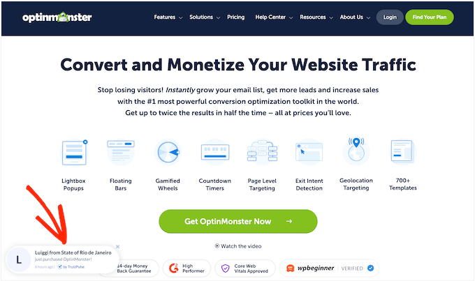 An example of a realtime notification, created using TrustPulse