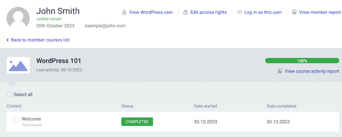 Un esempio di report studente, nella dashboard di Thrive Apprentice