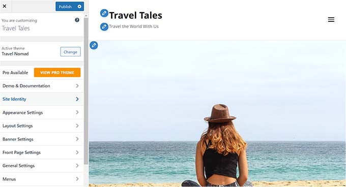 Travel theme in the customizer Travel theme in the customizer
