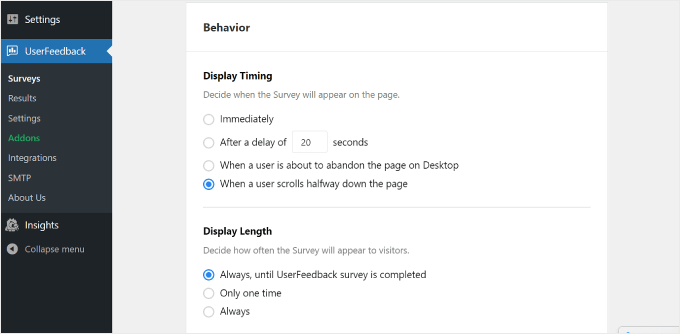 La configuración de Tiempo de visualización y Duración de visualización en UserFeedback La configuración de Tiempo de visualización y Duración de visualización en UserFeedback