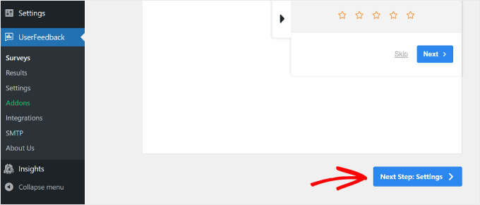 Hacer clic en el botón Siguiente paso - Configuración en UserFeedback Hacer clic en el botón Siguiente paso - Configuración en UserFeedback