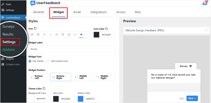 La configuración del widget de UserFeedback La configuración del widget de UserFeedback