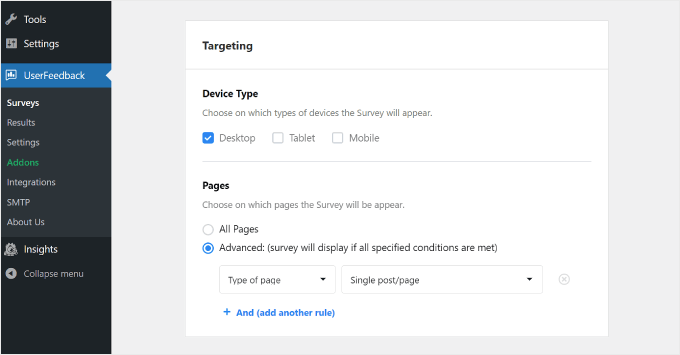 La configuración de segmentación de encuestas en UserFeedback La configuración de segmentación de encuestas en UserFeedback