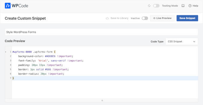 Stiluri pentru fragmentul de cod al formularelor WordPress pe WPCode Stiluri pentru fragmentul de cod al formularelor WordPress pe WPCode