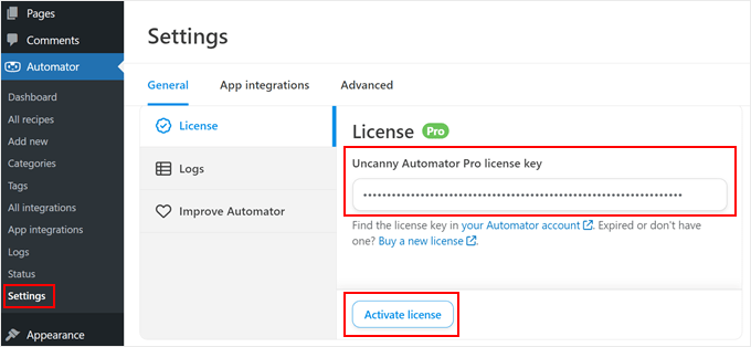 Activating the Uncanny Automator Pro license key Activating the Uncanny Automator Pro license key