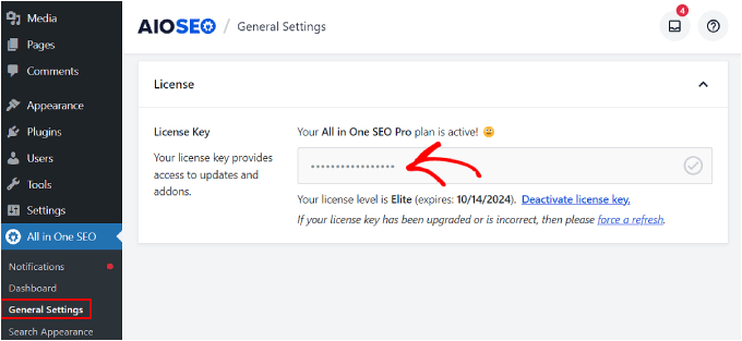 Activarea cheii de licență AIOSEO