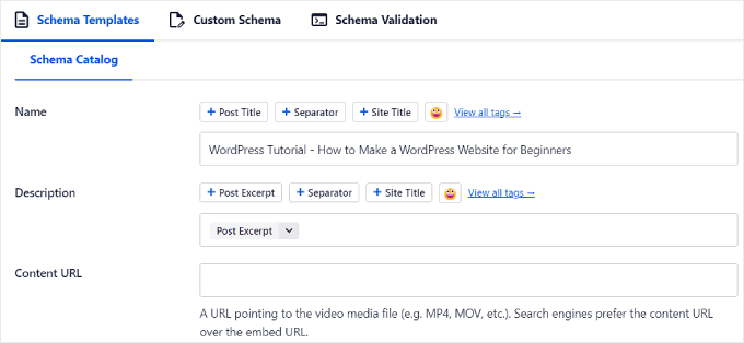 Setările șablonului de schemă video AIOSEO