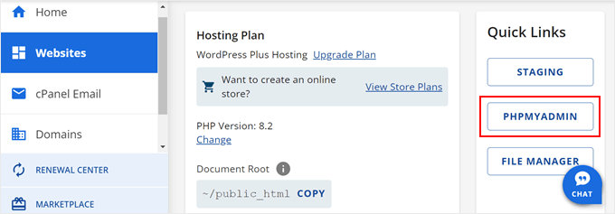 Navigating to the phpMyAdmin in Bluehost Navigating to the phpMyAdmin in Bluehost