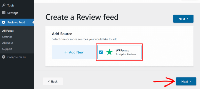 Selecting a review source to create a review feed for using the Reviews Feed Pro plugin Selecting a review source to create a review feed for using the Reviews Feed Pro plugin