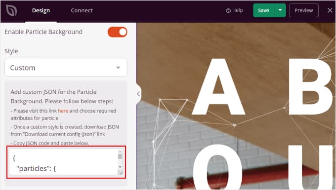 Inserarea codului JSON în setările de fundal ale particulelor din SeedProd