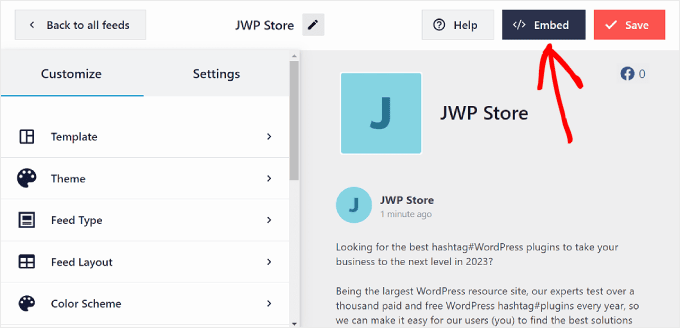 Clicking the Embed button in the Smash Balloon Facebook Feed plugin Clicking the Embed button in the Smash Balloon Facebook Feed plugin
