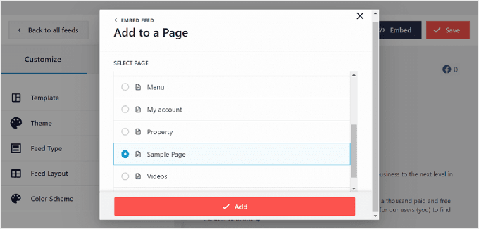 Choosing a page to embed the Facebook Feed to with Smash Balloon Choosing a page to embed the Facebook Feed to with Smash Balloon