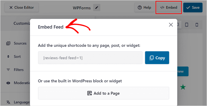 Clicking the Embed button on Reviews Feed Pro plugin Clicking the Embed button on Reviews Feed Pro plugin