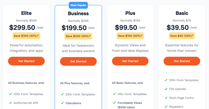 The Formidable Forms pricing plans