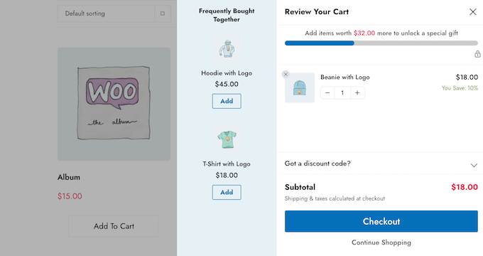 An example of cross-sell recommendations is shown in the sliding cart.