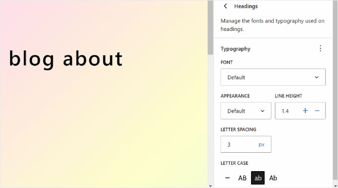 The Headings typography element settings in WordPress Full Site Editor