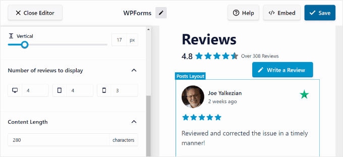 The second half section of the Layout tab in the Reviews Feed Pro editor The second half section of the Layout tab in the Reviews Feed Pro editor