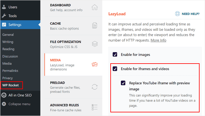 Activarea încărcării leneșe a videoclipurilor în WP Rocket