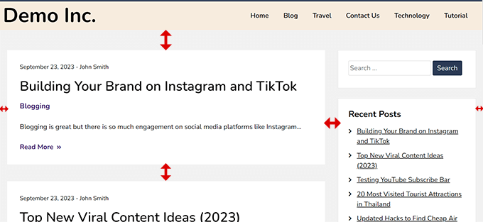 Ränder in einem typischen Website-Layout
