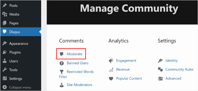 WordPress Disqusプラグインページの「モデレート」ボタンをクリックする
