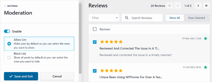 Reviews Feed Pro's moderation settings Reviews Feed Pro's moderation settings