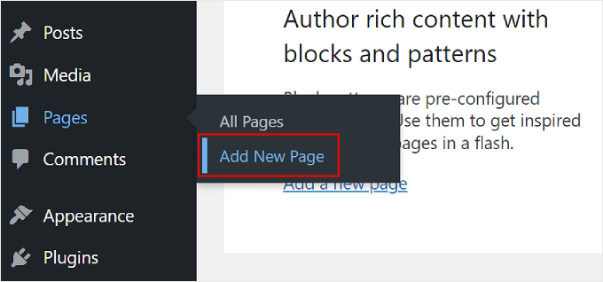 Clicking Add New Page in WordPress admin area Clicking Add New Page in WordPress admin area