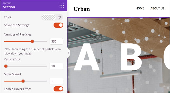 The particle background's advanced settings in SeedProd The particle background's advanced settings in SeedProd