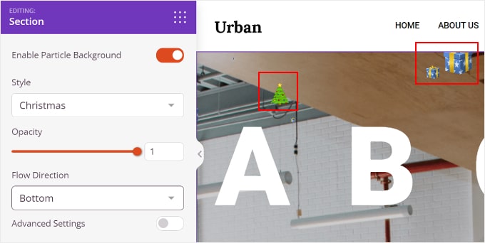 Cum arată fundalul cu particule de Crăciun în SeedProd