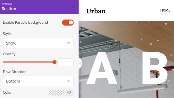 Configurarea setărilor de bază pentru fundalul cu particule în SeedProd