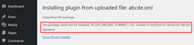 Example of plugin upload error Example of plugin upload error