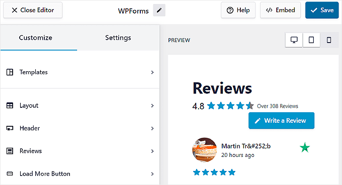 The Customize tab in the Reviews Feed Pro editor The Customize tab in the Reviews Feed Pro editor